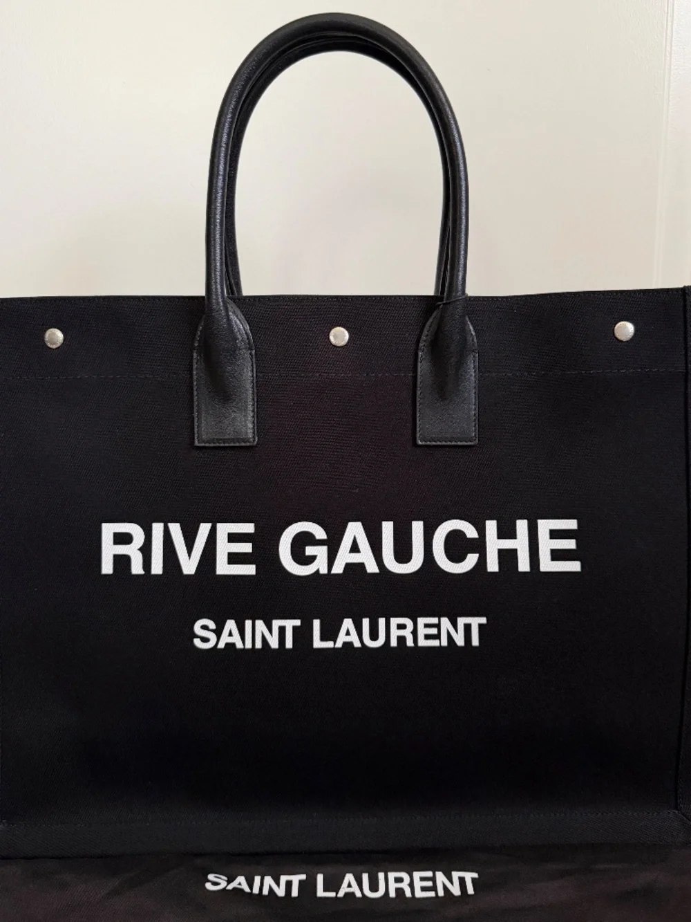 Saint Laurent YSL Rive Gauche Black White Canvas Logo Leather Tote Bag